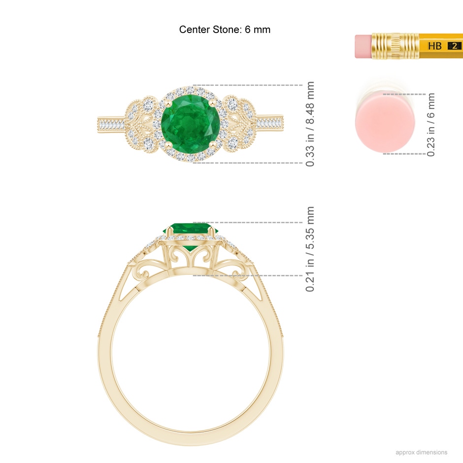 6mm AA Aeon Vintage Style Emerald Halo Leaf & Vine Engagement Ring with Milgrain in Yellow Gold ruler