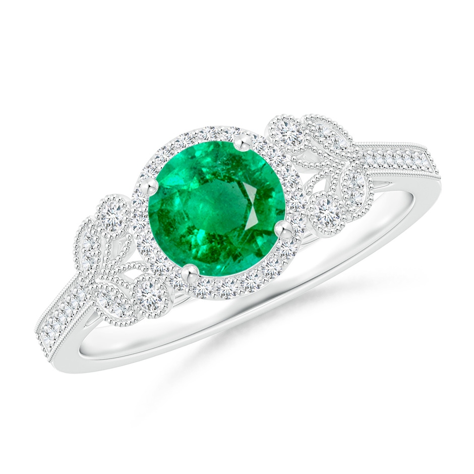 6mm AAA Aeon Vintage Style Emerald Halo Leaf & Vine Engagement Ring with Milgrain in 18K White Gold 