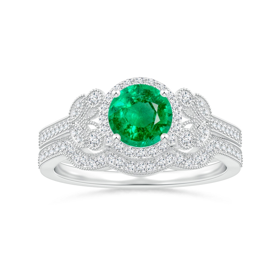 6mm AAA Aeon Vintage Style Emerald Halo Leaf & Vine Engagement Ring with Milgrain in 18K White Gold side-3