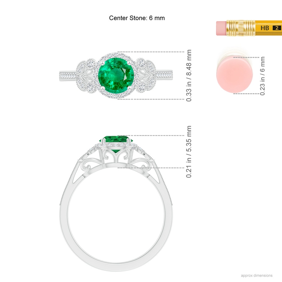 6mm AAA Aeon Vintage Style Emerald Halo Leaf & Vine Engagement Ring with Milgrain in 18K White Gold ruler