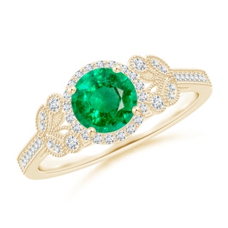 6mm AAA Aeon Vintage Style Emerald Halo Leaf & Vine Engagement Ring with Milgrain in Yellow Gold