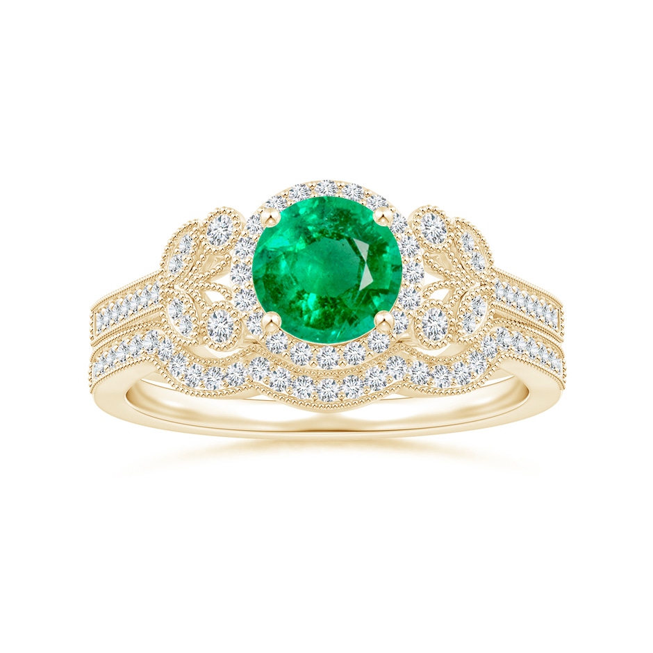 6mm AAA Aeon Vintage Style Emerald Halo Leaf & Vine Engagement Ring with Milgrain in Yellow Gold side-3