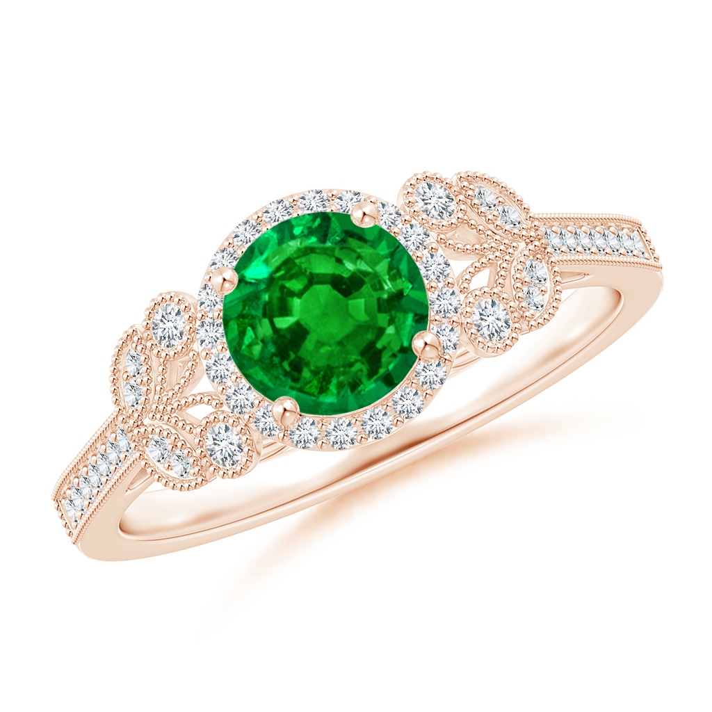 6mm AAAA Aeon Vintage Style Emerald Halo Leaf & Vine Engagement Ring with Milgrain in Rose Gold