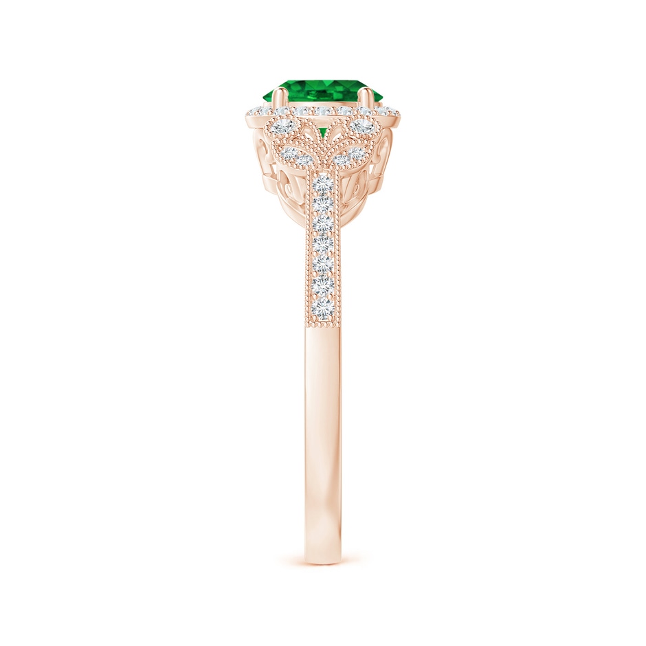 6mm AAAA Aeon Vintage Style Emerald Halo Leaf & Vine Engagement Ring with Milgrain in Rose Gold side-2