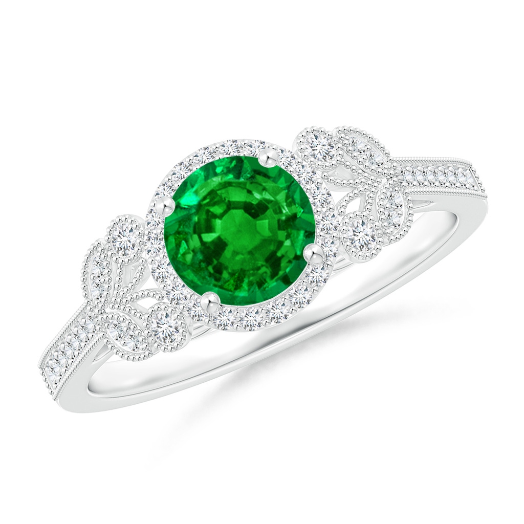 6mm AAAA Aeon Vintage Style Emerald Halo Leaf & Vine Engagement Ring with Milgrain in White Gold