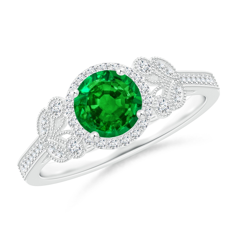 6mm AAAA Aeon Vintage Style Emerald Halo Leaf & Vine Engagement Ring with Milgrain in White Gold 