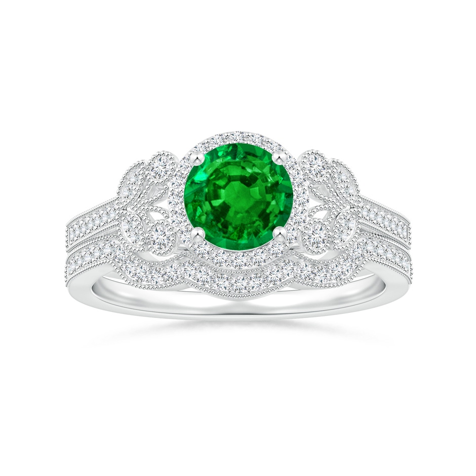 6mm AAAA Aeon Vintage Style Emerald Halo Leaf & Vine Engagement Ring with Milgrain in White Gold side-3
