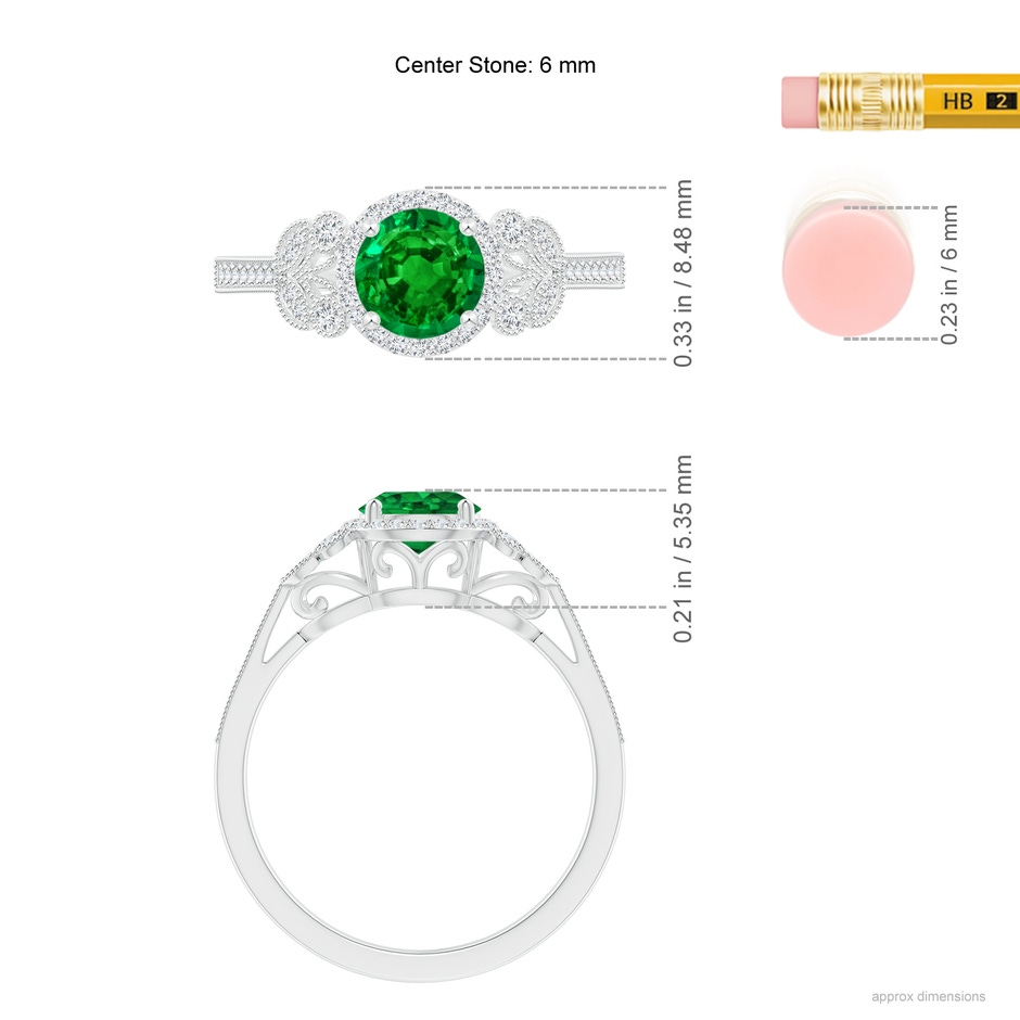 6mm AAAA Aeon Vintage Style Emerald Halo Leaf & Vine Engagement Ring with Milgrain in White Gold ruler