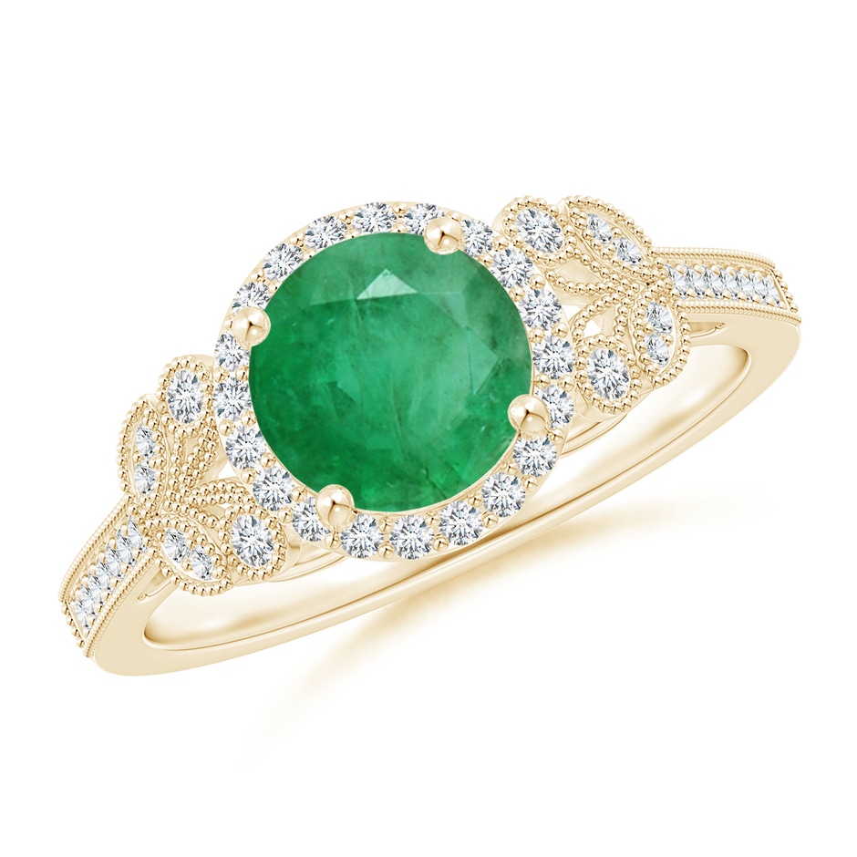 7mm A Aeon Vintage Style Emerald Halo Leaf & Vine Engagement Ring with Milgrain in Yellow Gold 