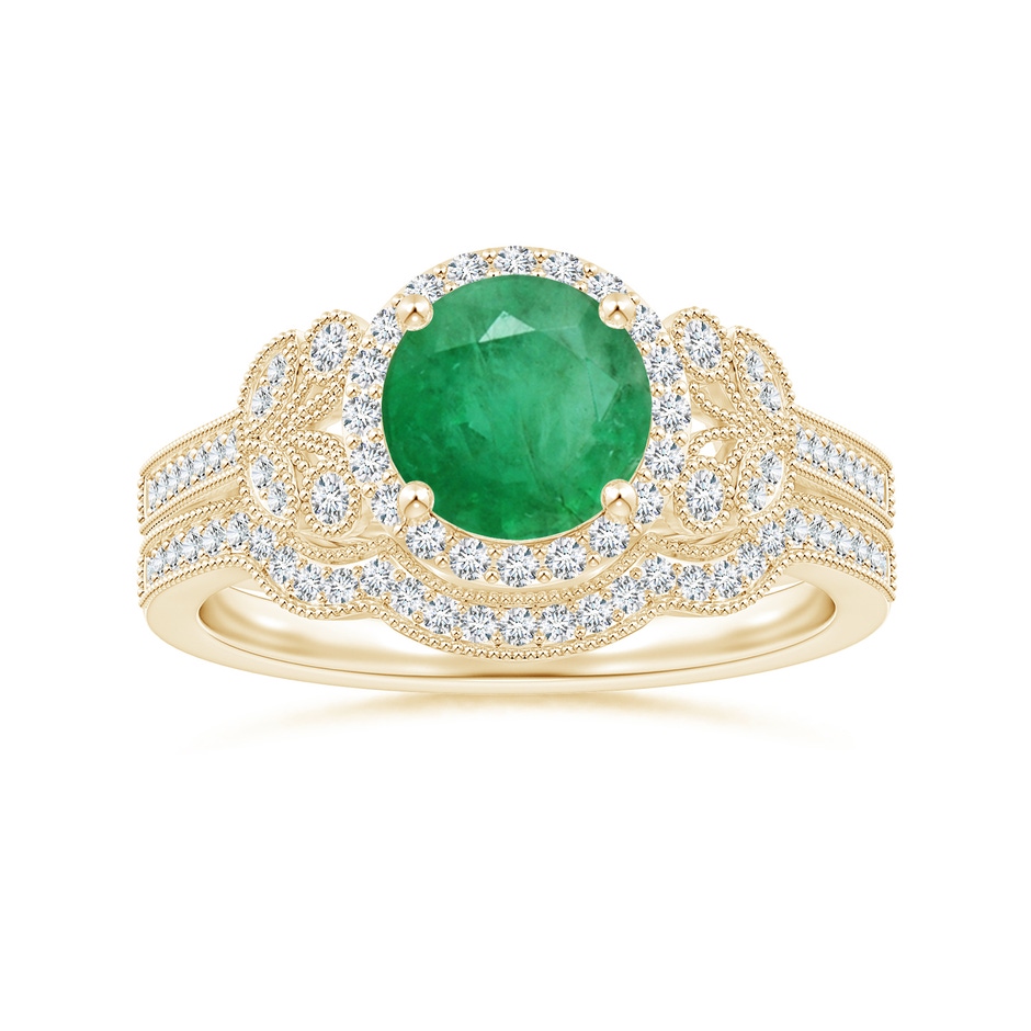 7mm A Aeon Vintage Style Emerald Halo Leaf & Vine Engagement Ring with Milgrain in Yellow Gold side-3