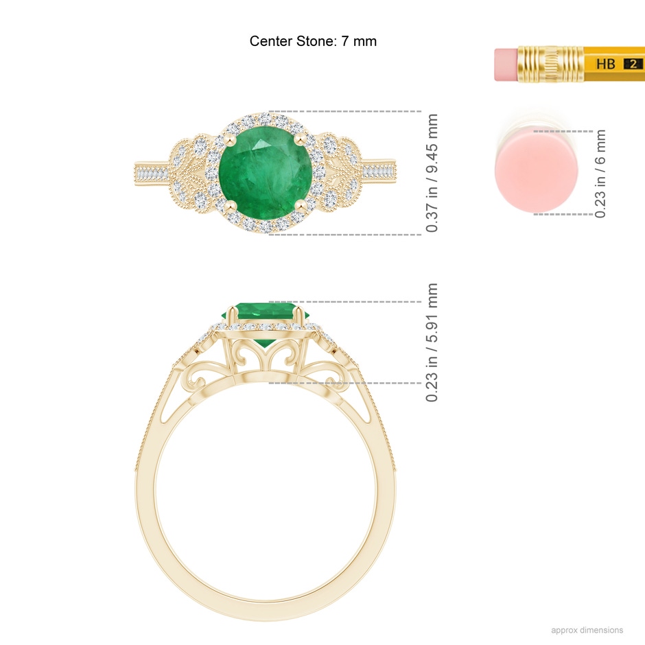7mm A Aeon Vintage Style Emerald Halo Leaf & Vine Engagement Ring with Milgrain in Yellow Gold ruler