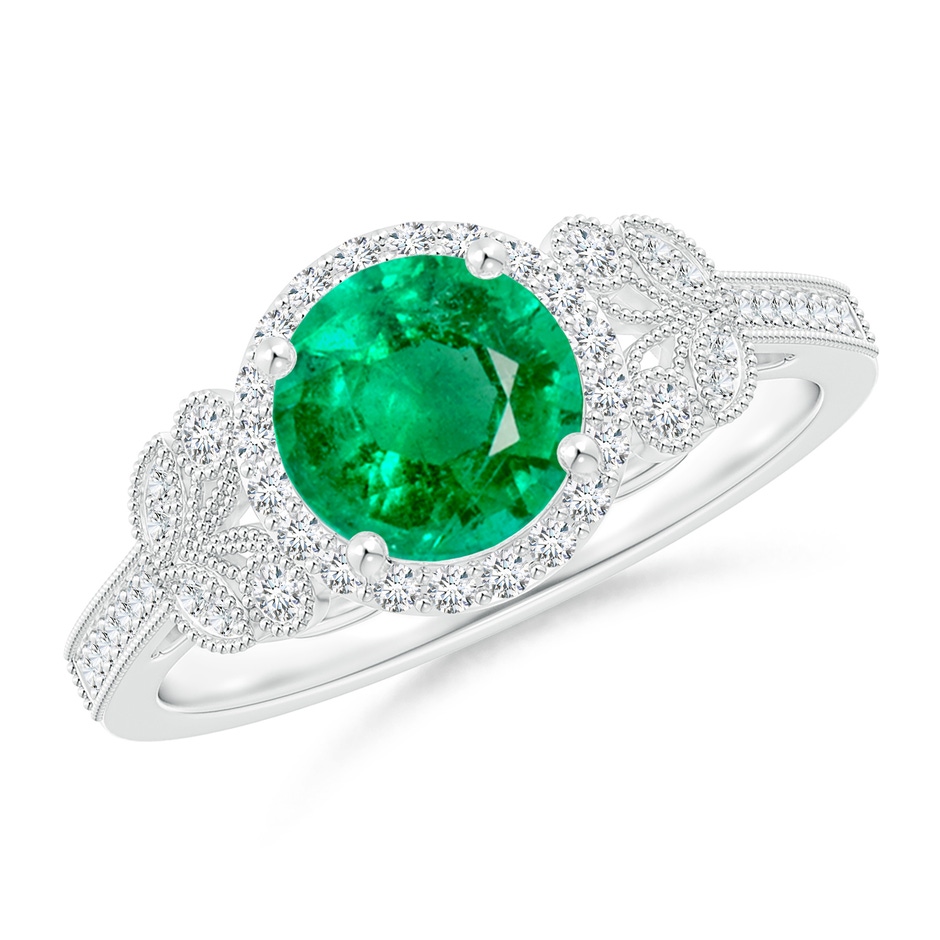 7mm AAA Aeon Vintage Style Emerald Halo Leaf & Vine Engagement Ring with Milgrain in White Gold 
