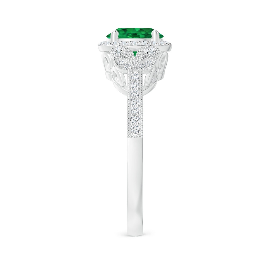 7mm AAA Aeon Vintage Style Emerald Halo Leaf & Vine Engagement Ring with Milgrain in White Gold side-2