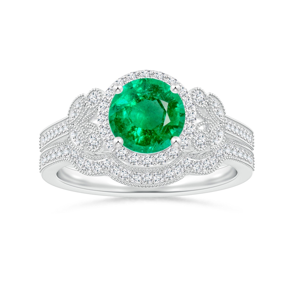 7mm AAA Aeon Vintage Style Emerald Halo Leaf & Vine Engagement Ring with Milgrain in White Gold side-3