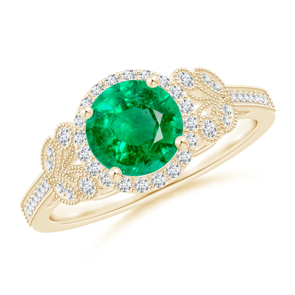 7mm AAA Aeon Vintage Style Emerald Halo Leaf & Vine Engagement Ring with Milgrain in Yellow Gold