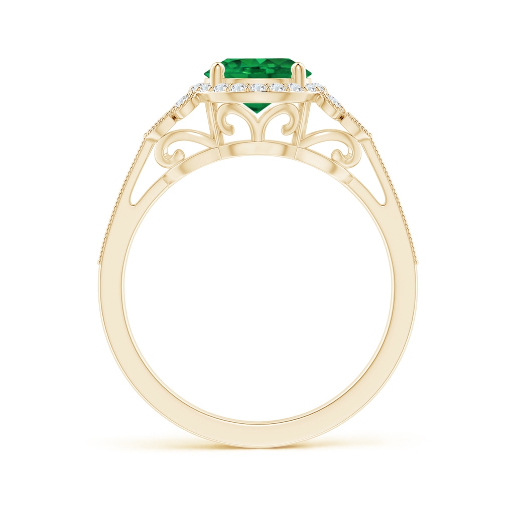 7mm AAA Aeon Vintage Style Emerald Halo Leaf & Vine Engagement Ring with Milgrain in Yellow Gold Side-1