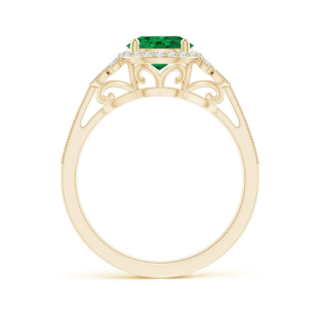 7mm AAA Aeon Vintage Style Emerald Halo Leaf & Vine Engagement Ring with Milgrain in Yellow Gold - side_1