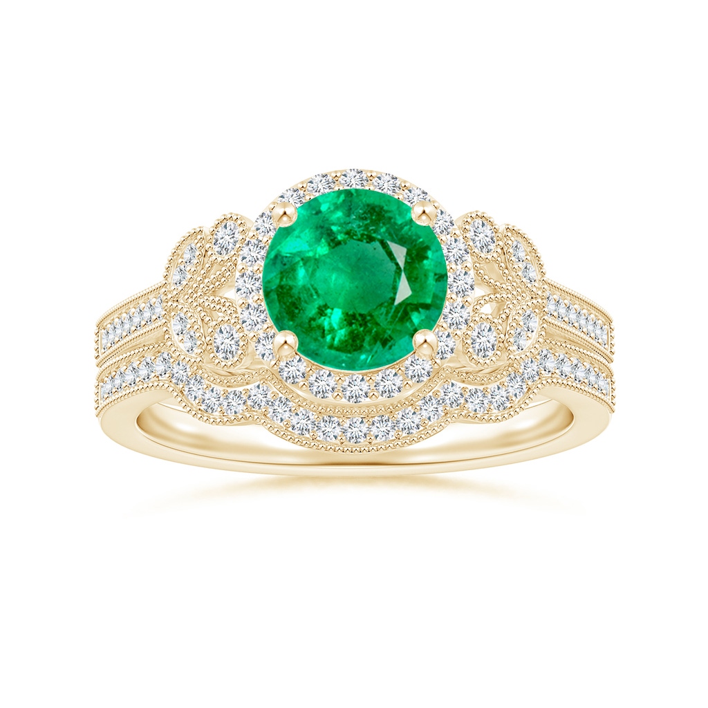 7mm AAA Aeon Vintage Style Emerald Halo Leaf & Vine Engagement Ring with Milgrain in Yellow Gold Side-3