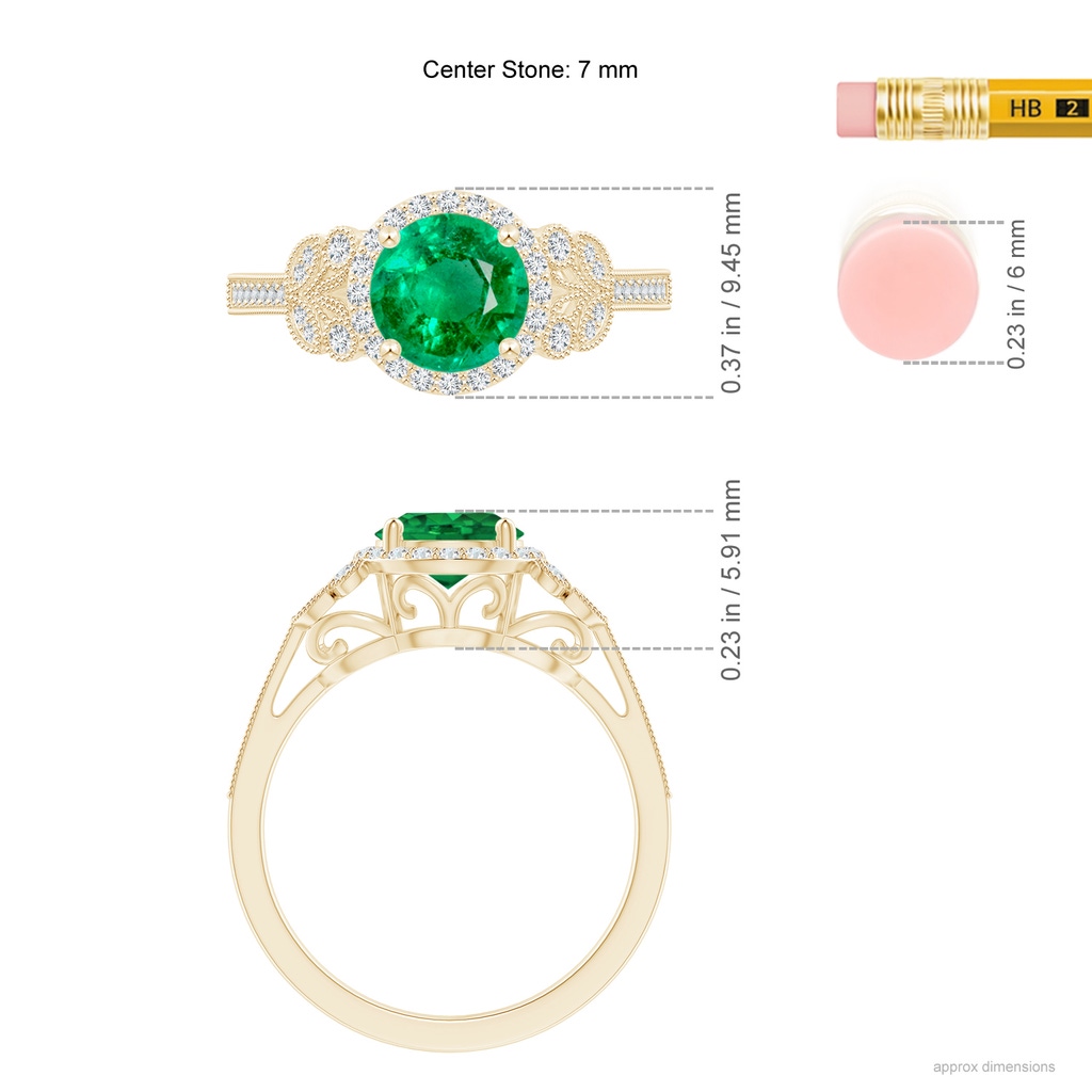 7mm AAA Aeon Vintage Style Emerald Halo Leaf & Vine Engagement Ring with Milgrain in Yellow Gold Ruler