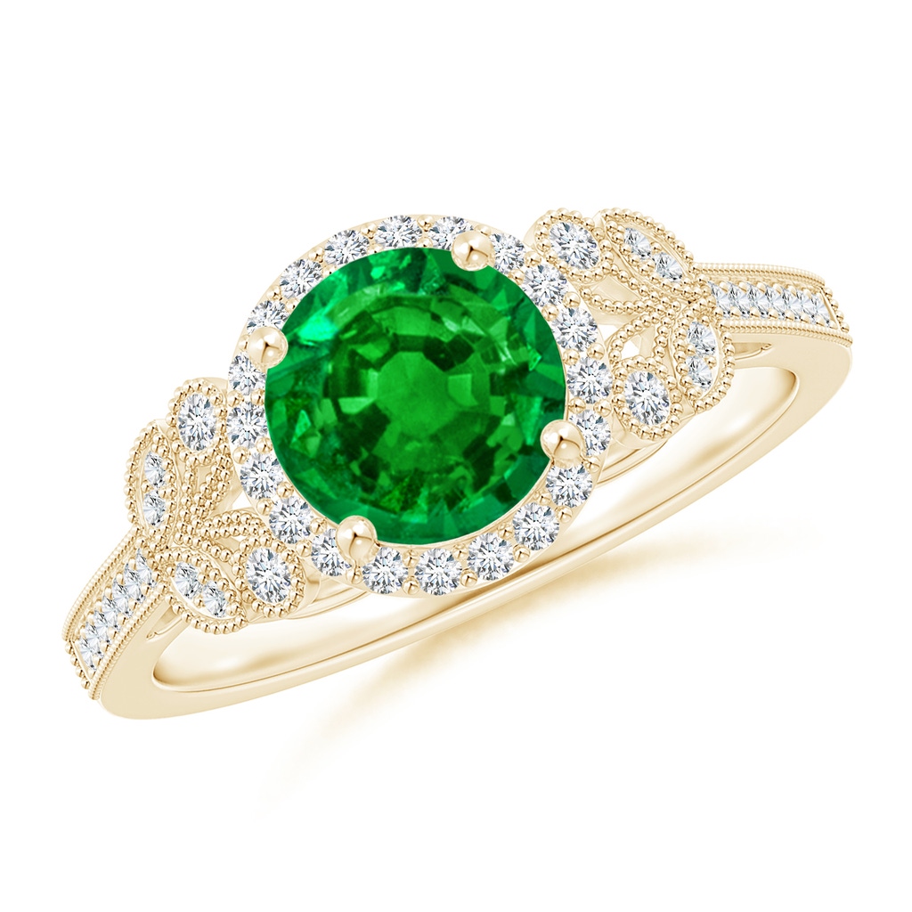 7mm AAAA Aeon Vintage Style Emerald Halo Leaf & Vine Engagement Ring with Milgrain in Yellow Gold