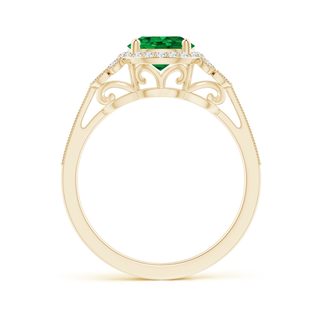 7mm AAAA Aeon Vintage Style Emerald Halo Leaf & Vine Engagement Ring with Milgrain in Yellow Gold Side-1