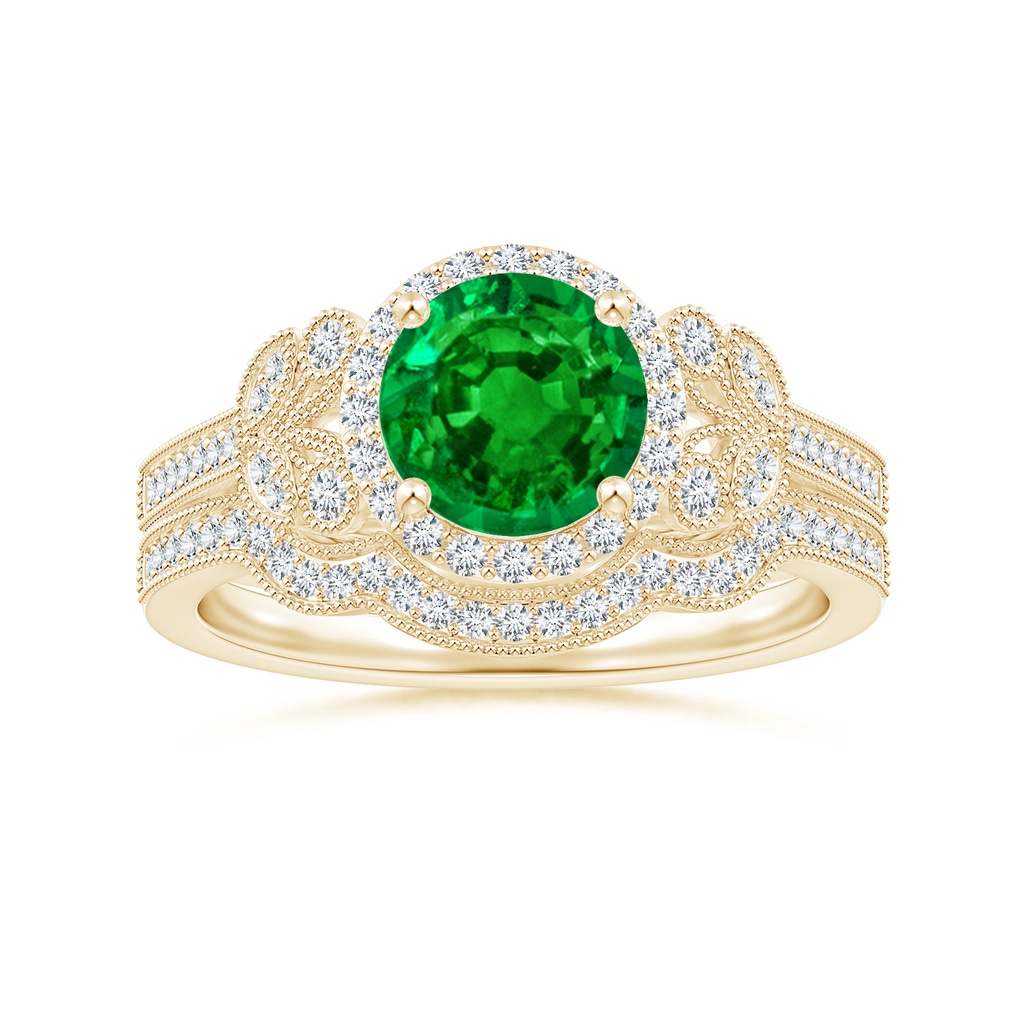 7mm AAAA Aeon Vintage Style Emerald Halo Leaf & Vine Engagement Ring with Milgrain in Yellow Gold Side-3