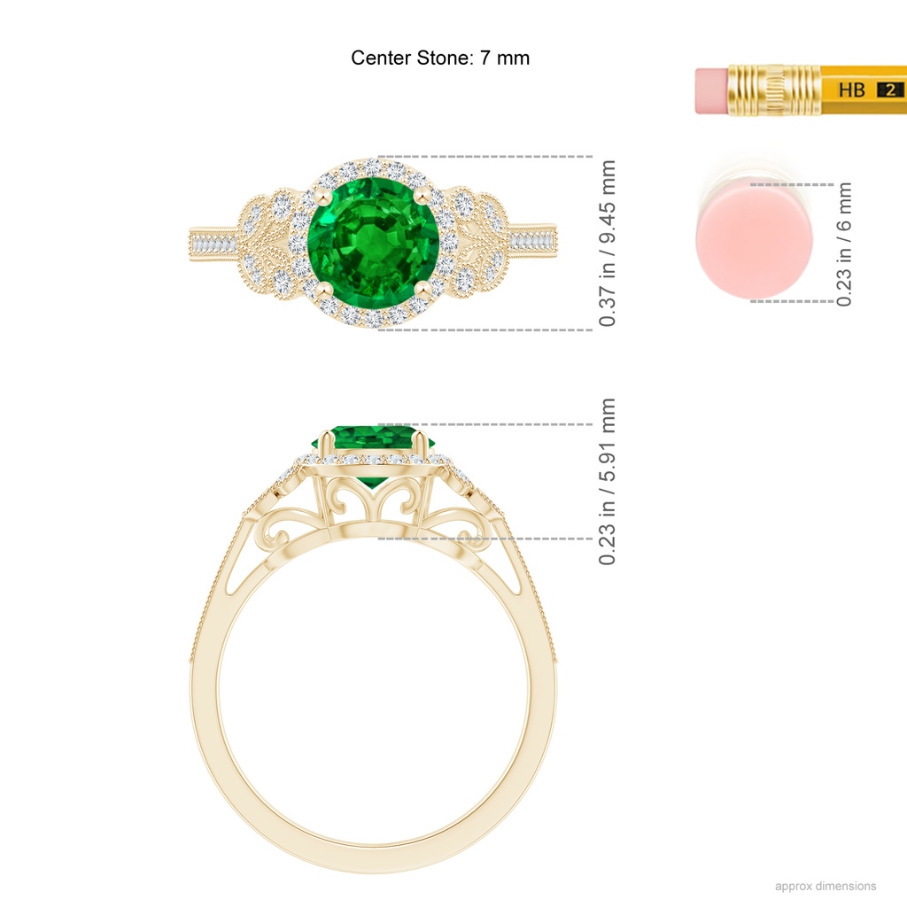 7mm AAAA Aeon Vintage Style Emerald Halo Leaf & Vine Engagement Ring with Milgrain in Yellow Gold Ruler