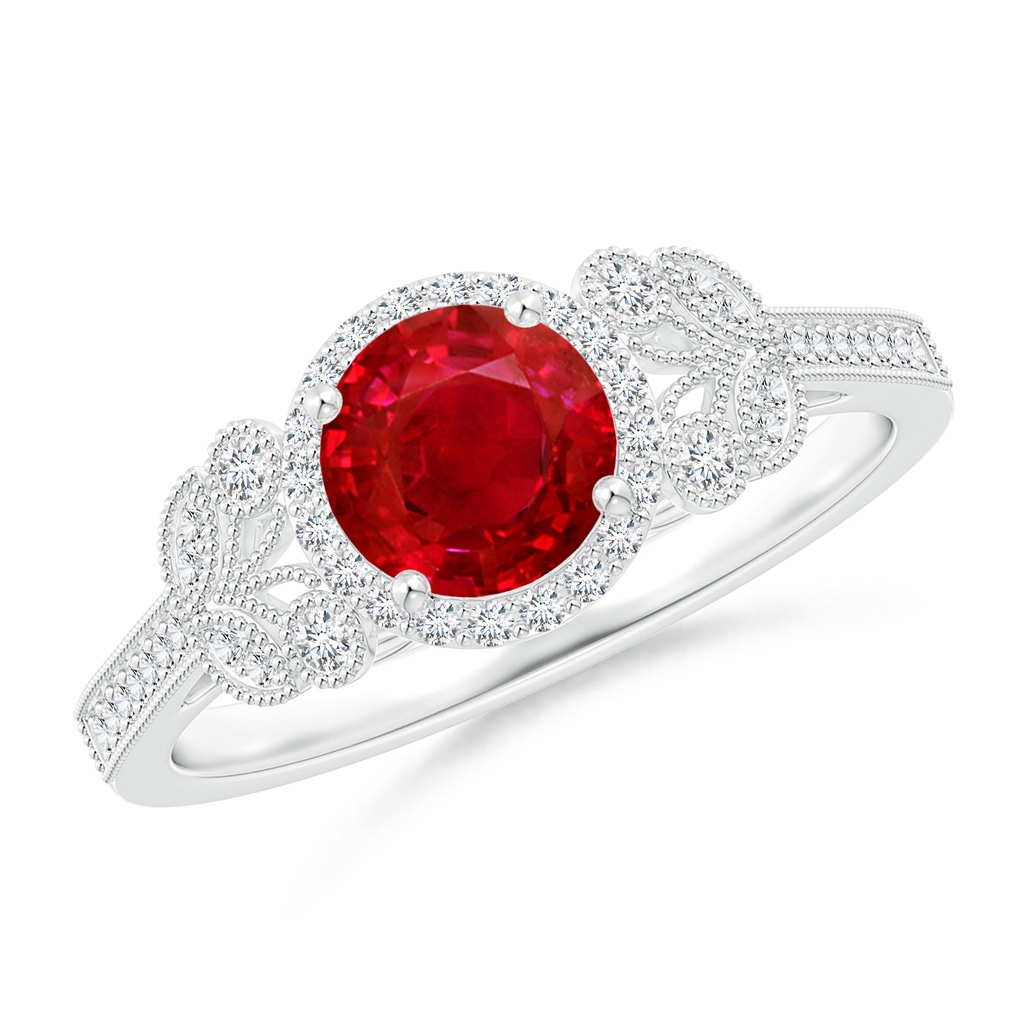 6mm AAA Aeon Vintage Style Ruby Halo Leaf & Vine Engagement Ring with Milgrain in White Gold