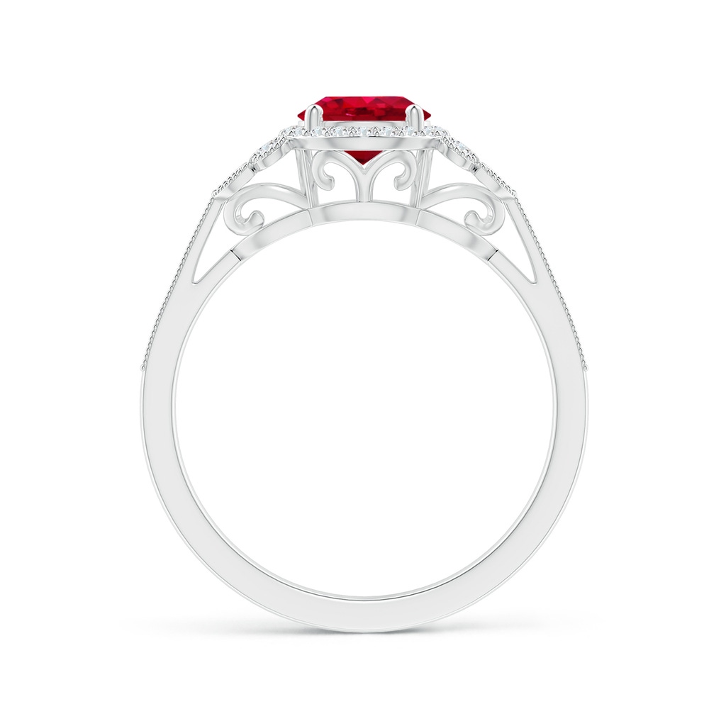 6mm AAA Aeon Vintage Style Ruby Halo Leaf & Vine Engagement Ring with Milgrain in White Gold Side-1