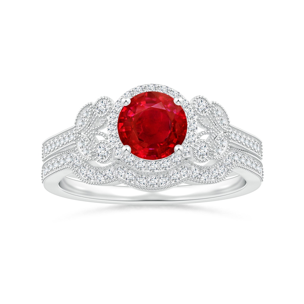 6mm AAA Aeon Vintage Style Ruby Halo Leaf & Vine Engagement Ring with Milgrain in White Gold Side-3