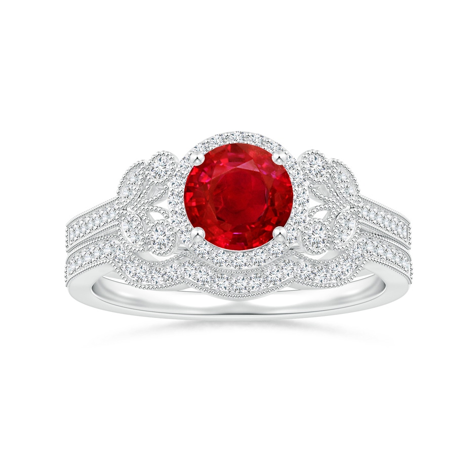 6mm AAA Aeon Vintage Style Ruby Halo Leaf & Vine Engagement Ring with Milgrain in White Gold side-3