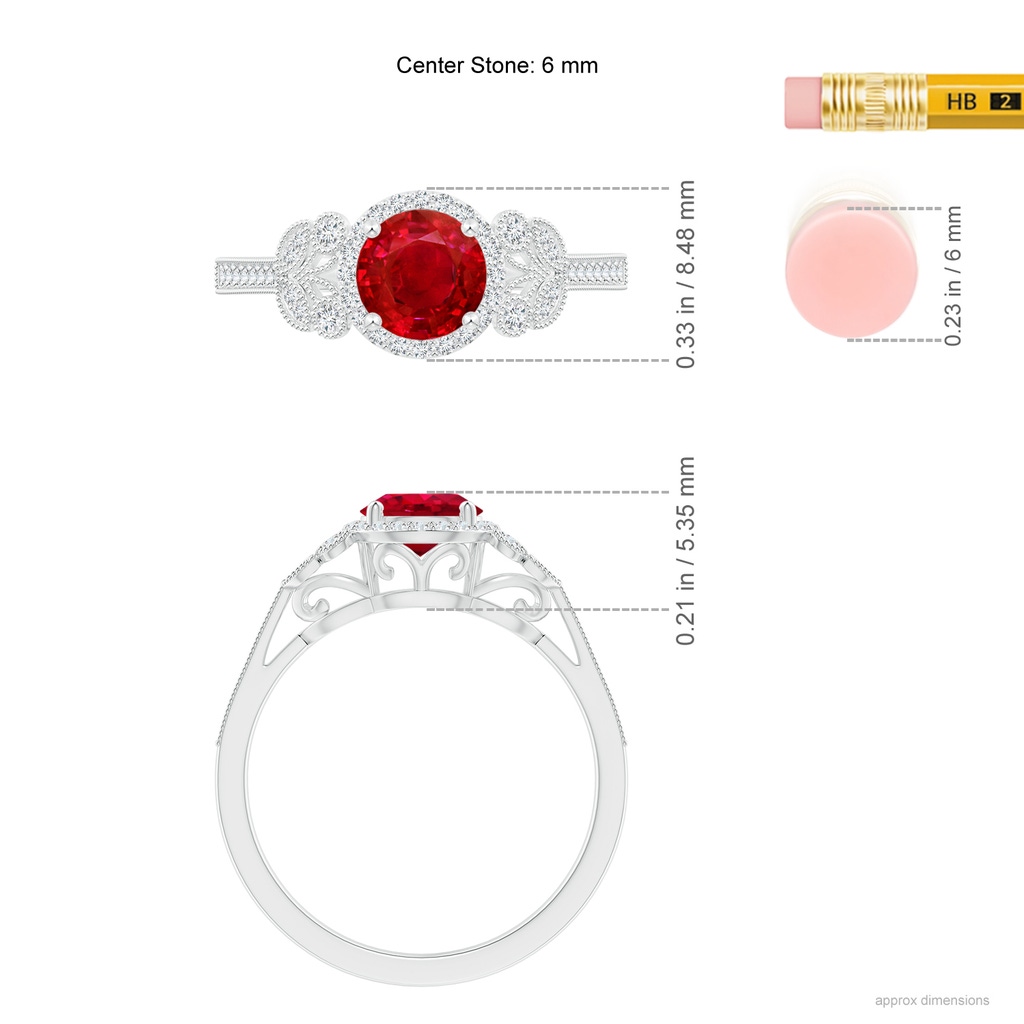 6mm AAA Aeon Vintage Style Ruby Halo Leaf & Vine Engagement Ring with Milgrain in White Gold Ruler