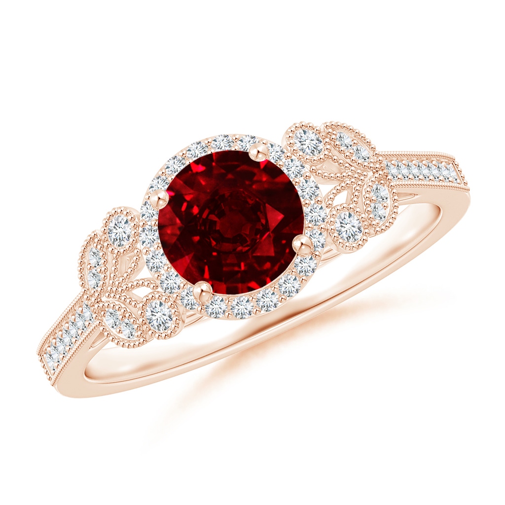 6mm AAAA Aeon Vintage Style Ruby Halo Leaf & Vine Engagement Ring with Milgrain in Rose Gold
