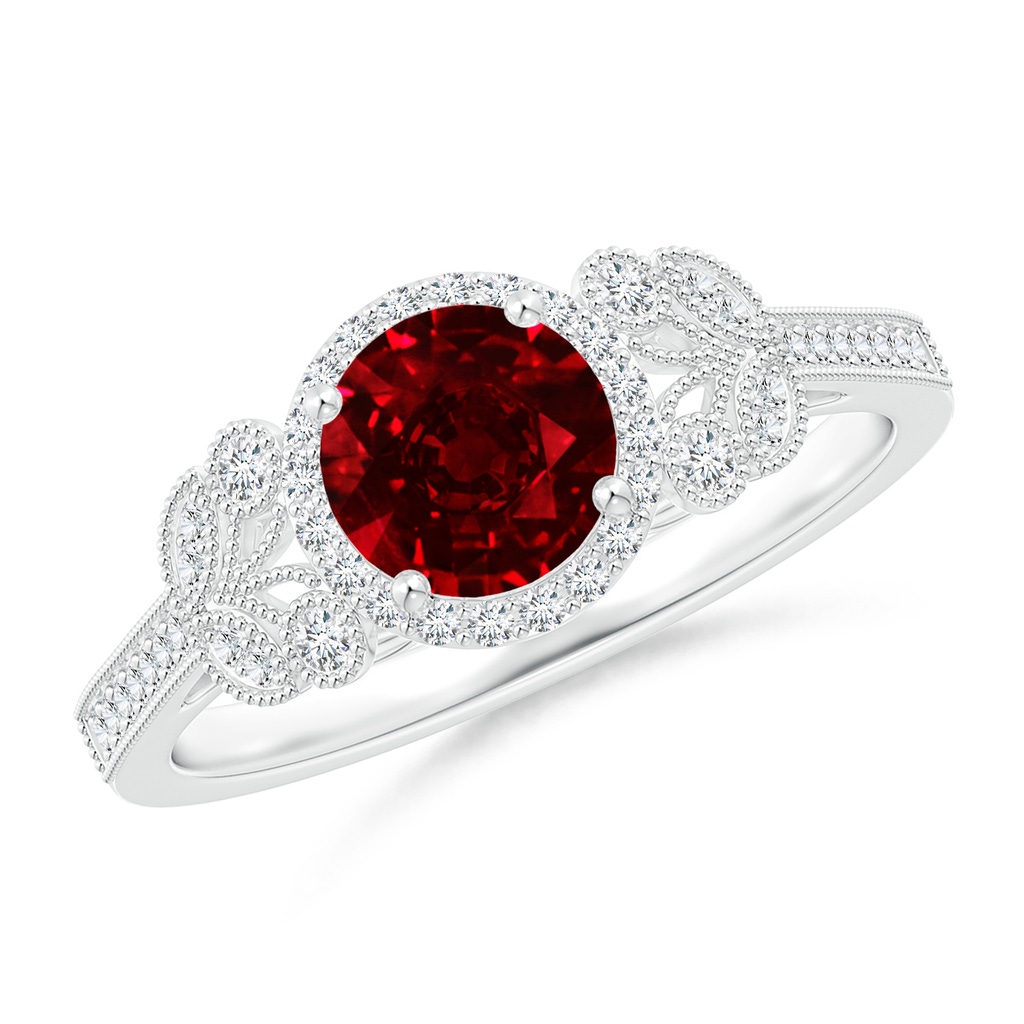 6mm Lab-Grown Aeon Vintage Style Ruby Halo Leaf & Vine Engagement Ring with Milgrain in White Gold