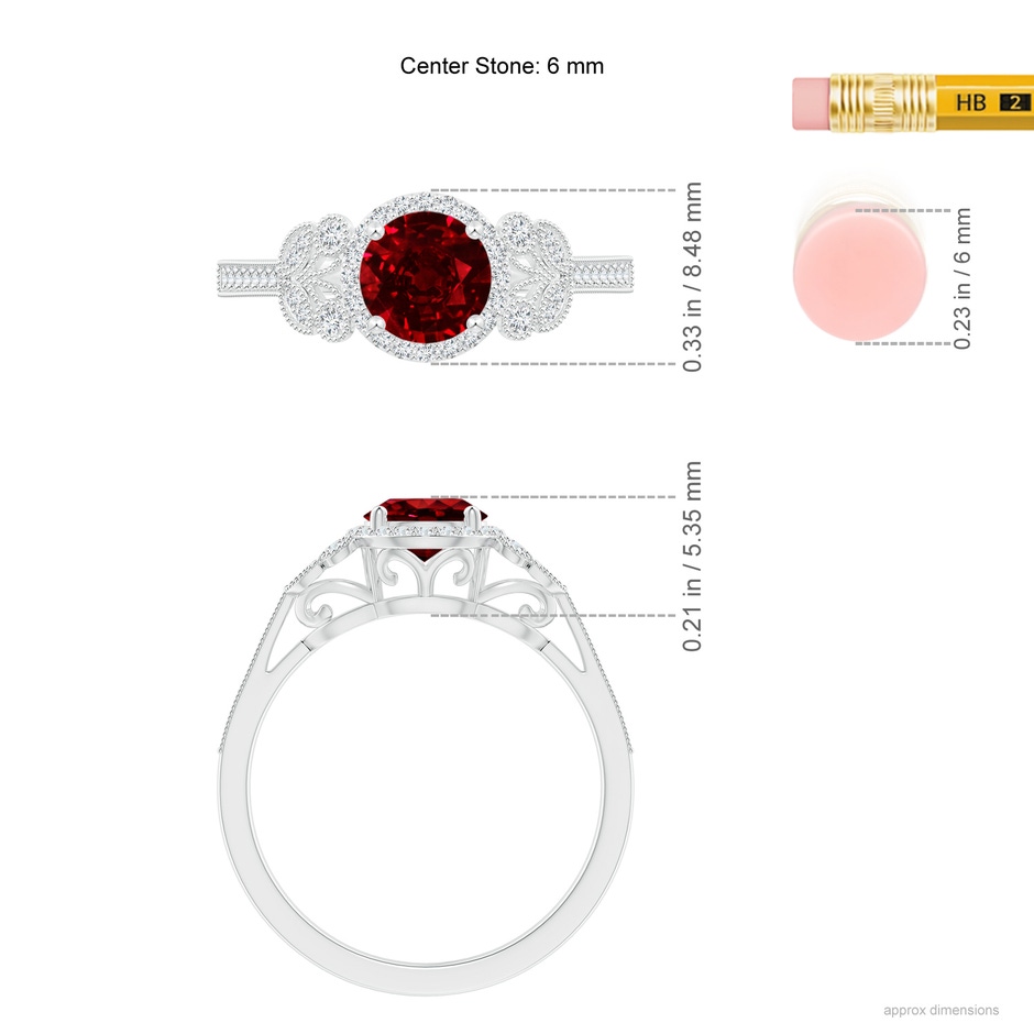 6mm Lab-Grown Aeon Vintage Style Ruby Halo Leaf & Vine Engagement Ring with Milgrain in White Gold ruler