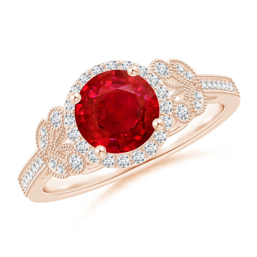 7mm AAA Aeon Vintage Style Ruby Halo Leaf & Vine Engagement Ring with Milgrain in Rose Gold