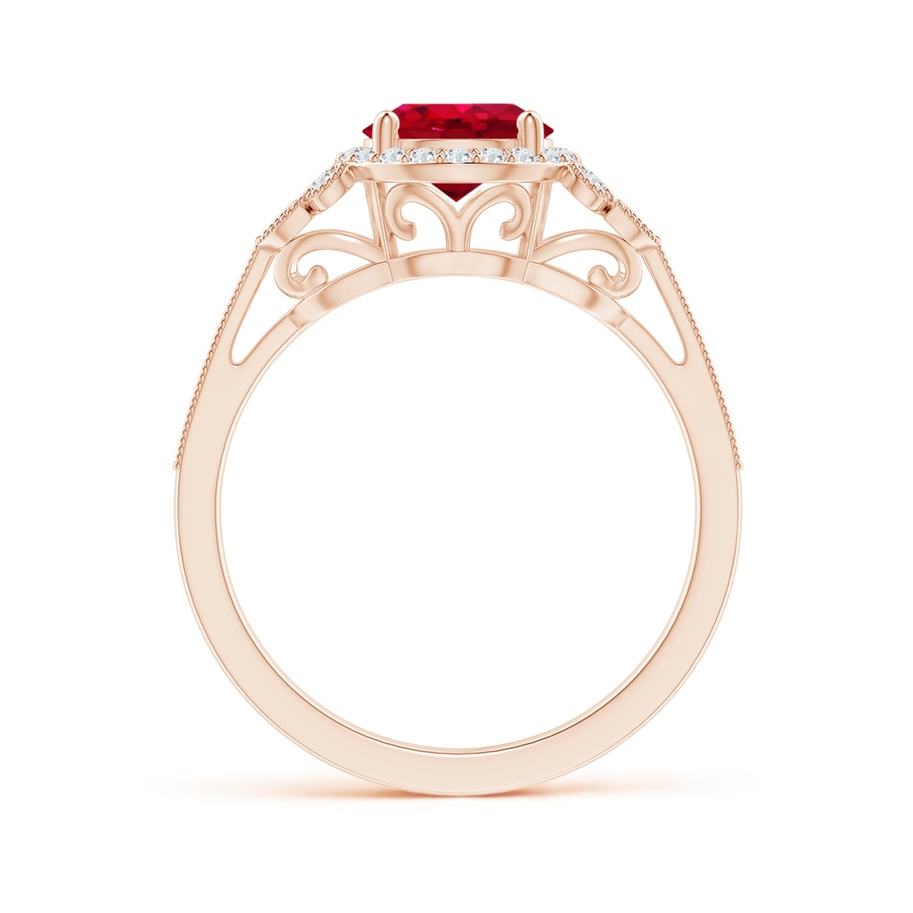 7mm AAA Aeon Vintage Style Ruby Halo Leaf & Vine Engagement Ring with Milgrain in Rose Gold Side-1