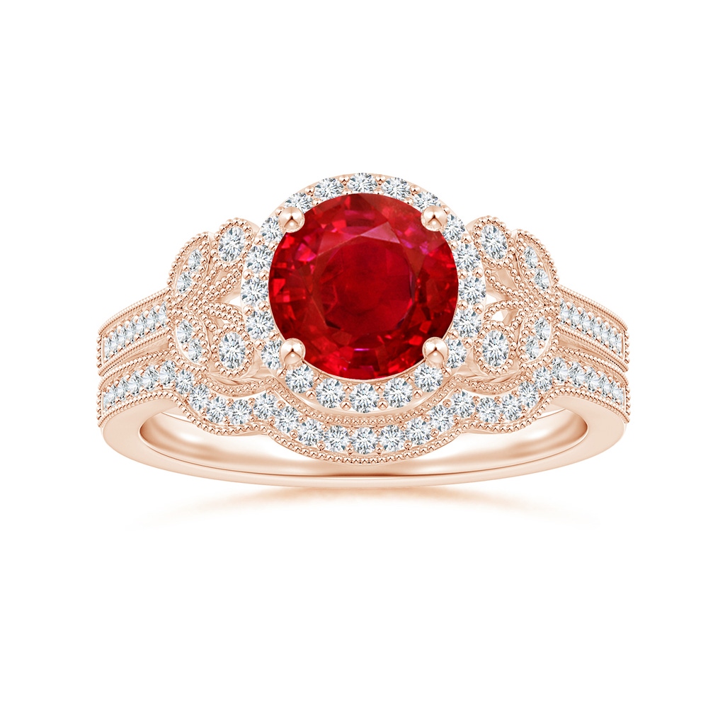 7mm AAA Aeon Vintage Style Ruby Halo Leaf & Vine Engagement Ring with Milgrain in Rose Gold Side-3