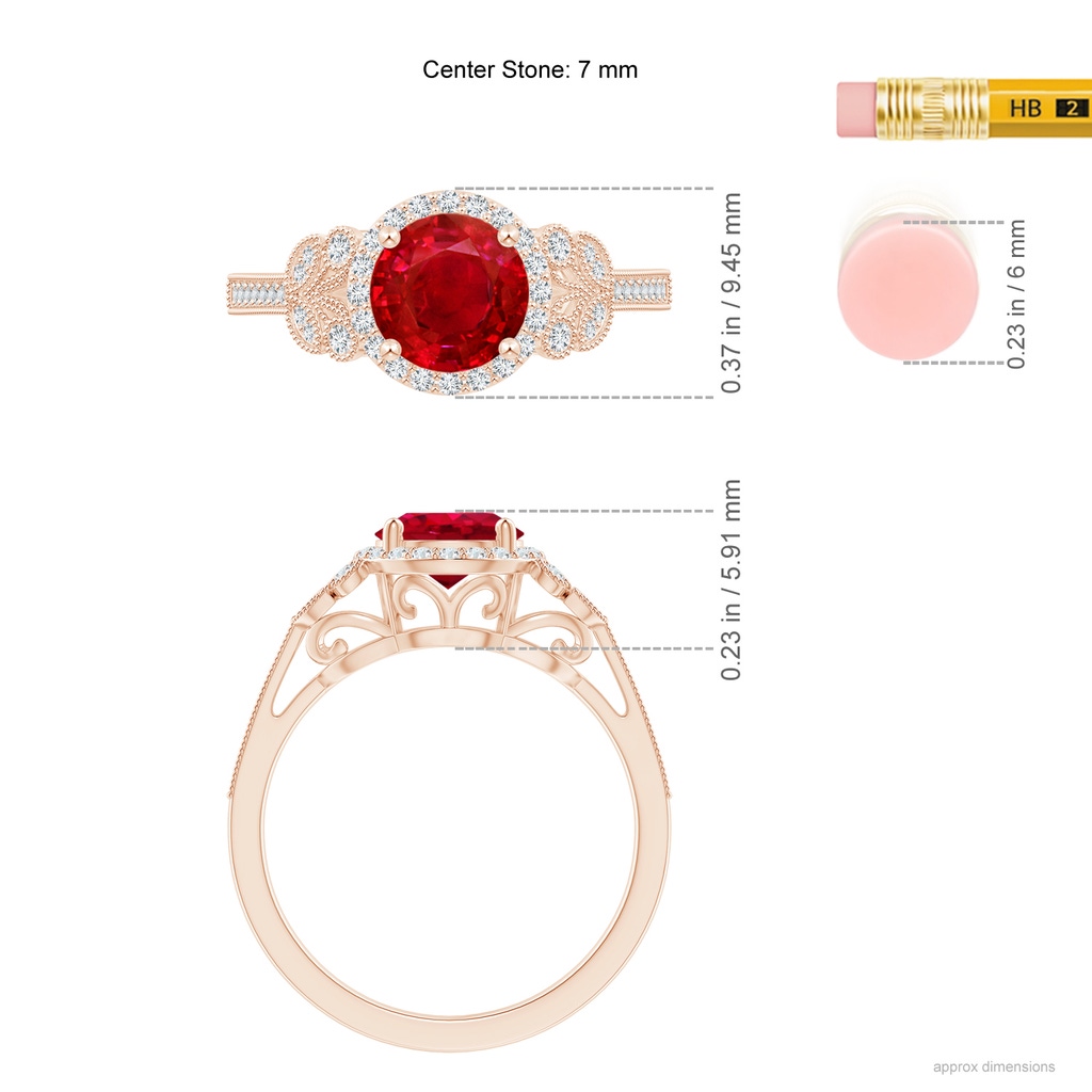 7mm AAA Aeon Vintage Style Ruby Halo Leaf & Vine Engagement Ring with Milgrain in Rose Gold Ruler