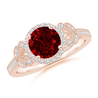 7mm AAAA Aeon Vintage Style Ruby Halo Leaf & Vine Engagement Ring with Milgrain in 18K Rose Gold