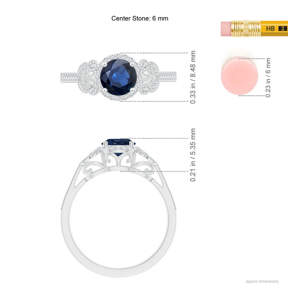 6mm AA Aeon Vintage Style Sapphire Halo Leaf & Vine Engagement Ring with Milgrain in White Gold ruler