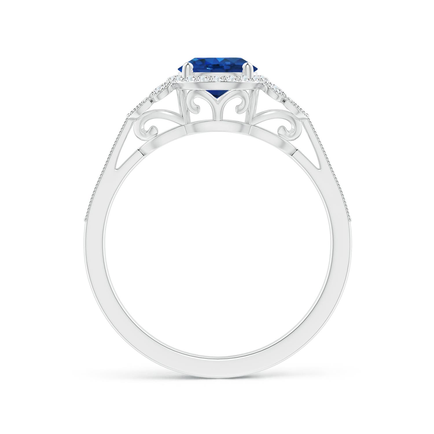 6mm AAA Aeon Vintage Style Sapphire Halo Leaf & Vine Engagement Ring with Milgrain in 18K White Gold