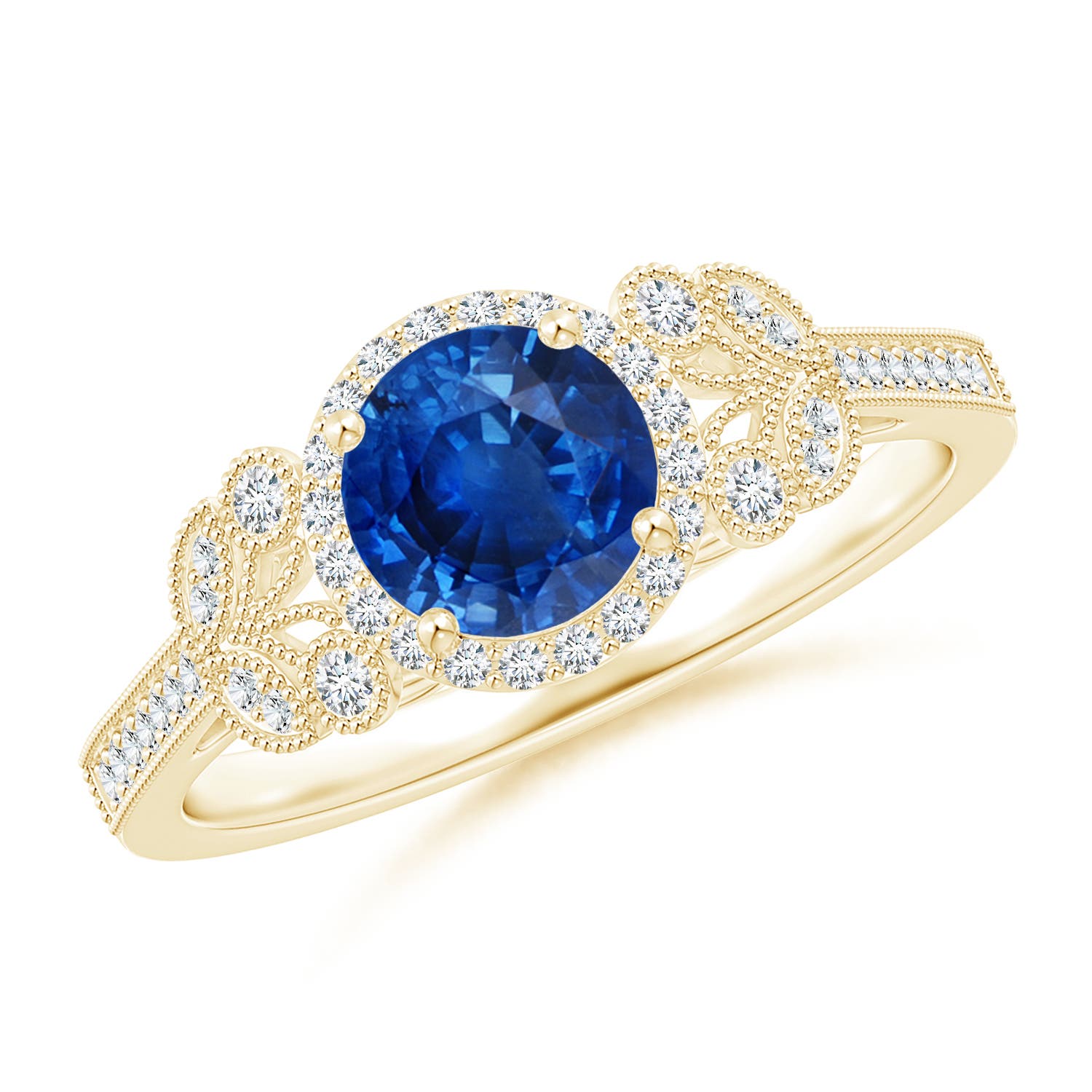 6mm AAA Aeon Vintage Style Sapphire Halo Leaf & Vine Engagement Ring with Milgrain in 18K Yellow Gold
