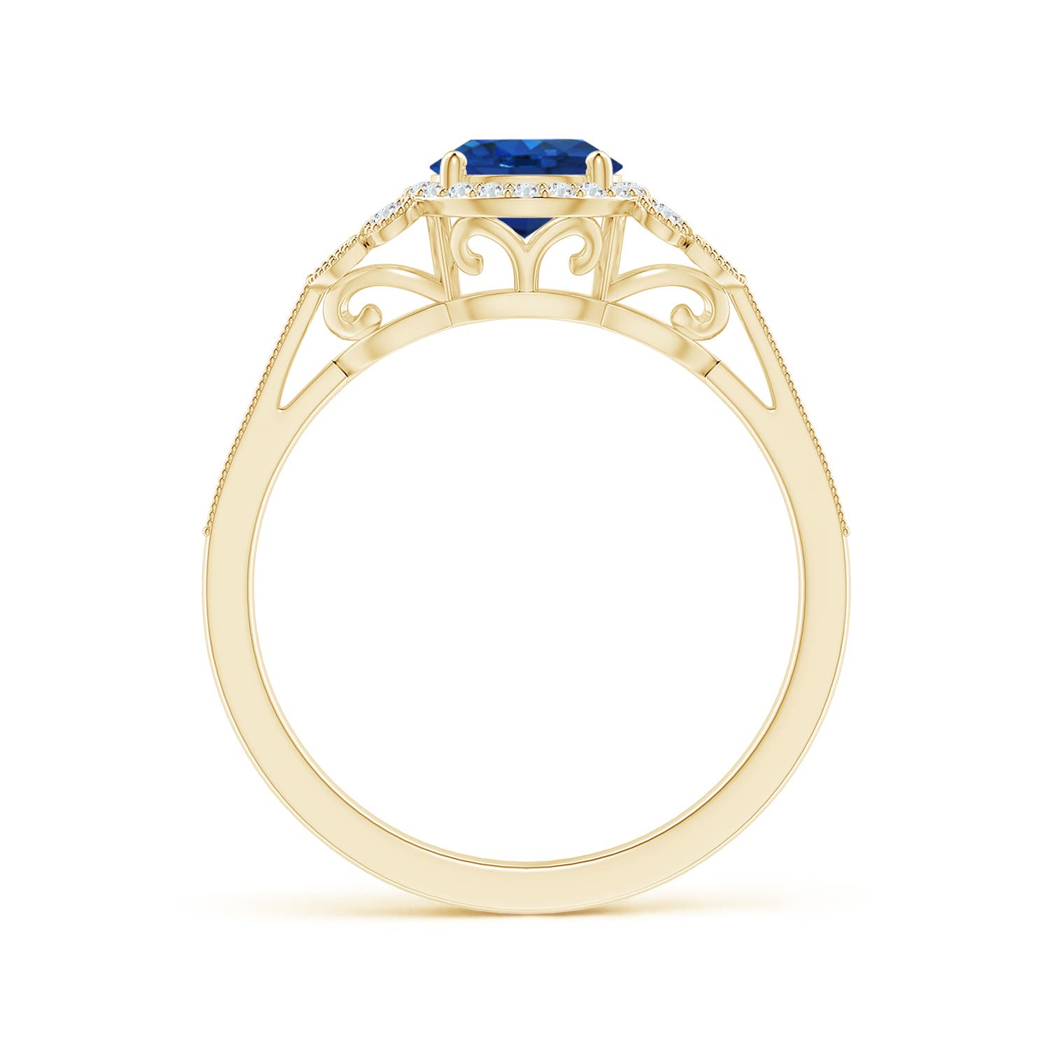 6mm AAA Aeon Vintage Style Sapphire Halo Leaf & Vine Engagement Ring with Milgrain in 18K Yellow Gold
