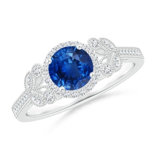 6mm AAA Aeon Vintage Style Sapphire Halo Leaf & Vine Engagement Ring with Milgrain in White Gold