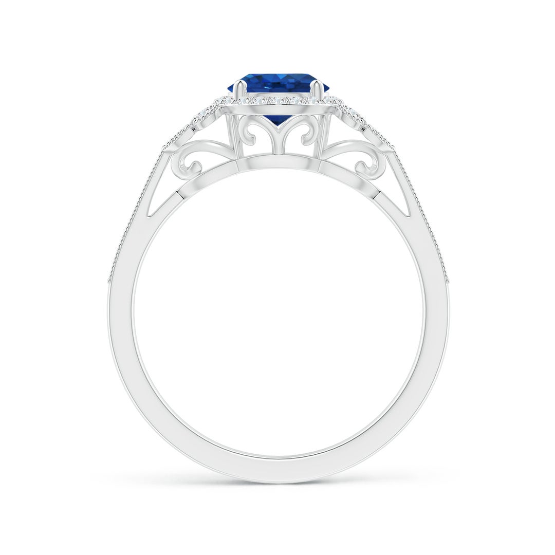 6mm AAA Aeon Vintage Style Sapphire Halo Leaf & Vine Engagement Ring with Milgrain in White Gold - side 2
