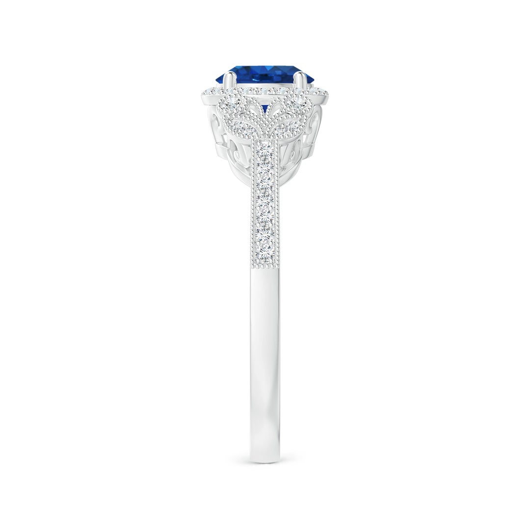 6mm AAA Aeon Vintage Style Sapphire Halo Leaf & Vine Engagement Ring with Milgrain in White Gold - side 3