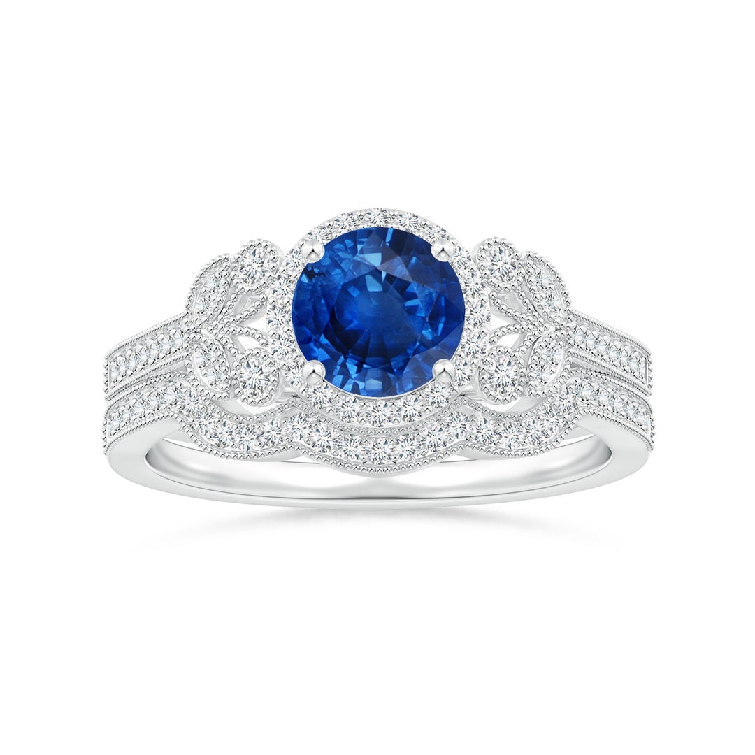 6mm AAA Aeon Vintage Style Sapphire Halo Leaf & Vine Engagement Ring with Milgrain in White Gold - side 4