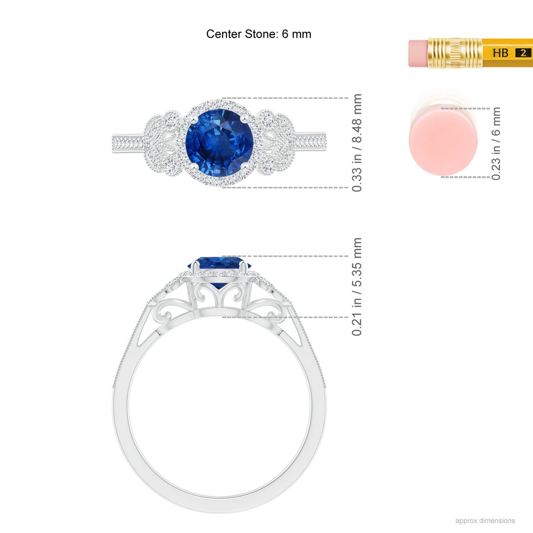 6mm AAA Aeon Vintage Style Sapphire Halo Leaf & Vine Engagement Ring with Milgrain in White Gold - ruler