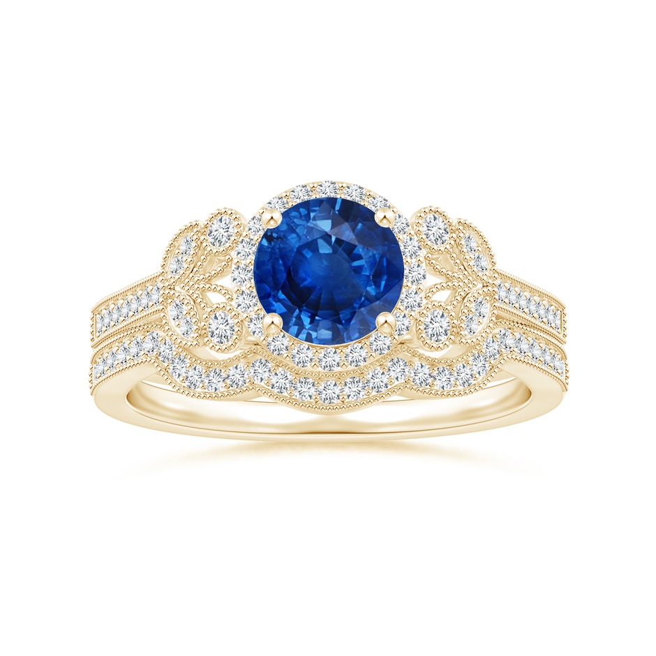 6mm AAA Aeon Vintage Style Sapphire Halo Leaf & Vine Engagement Ring with Milgrain in Yellow Gold side-3